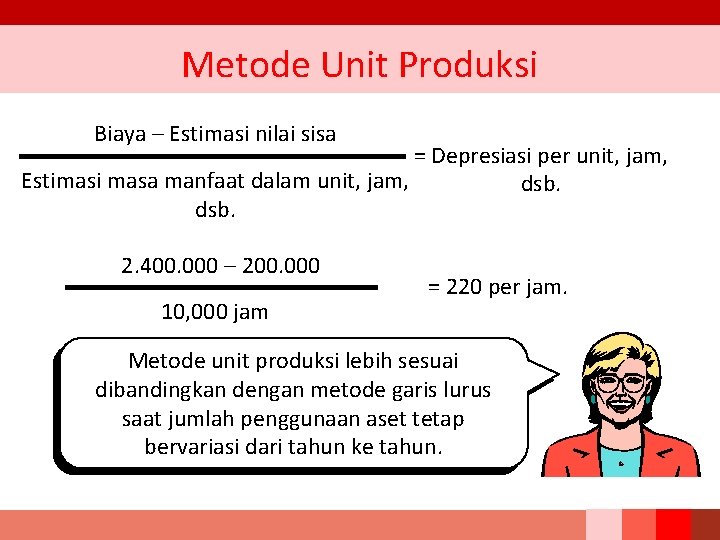 Metode Unit Produksi Biaya – Estimasi nilai sisa = Depresiasi per unit, jam, Estimasi