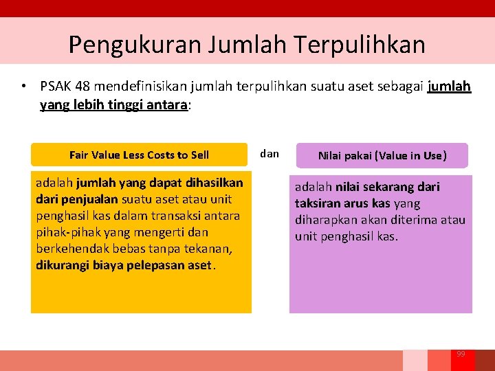 Pengukuran Jumlah Terpulihkan • PSAK 48 mendefinisikan jumlah terpulihkan suatu aset sebagai jumlah yang