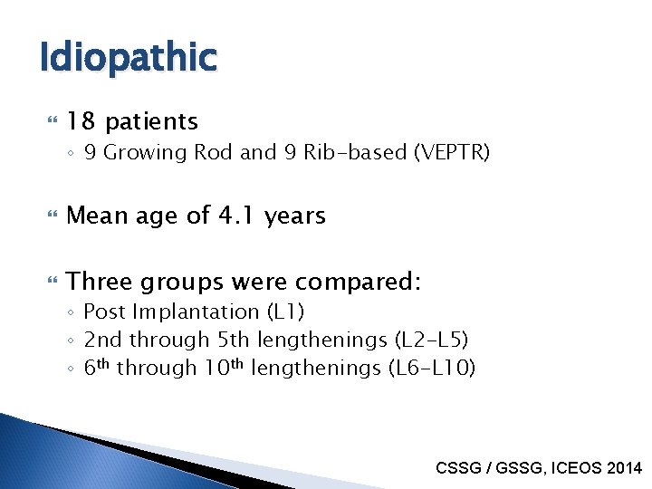 Idiopathic 18 patients ◦ 9 Growing Rod and 9 Rib-based (VEPTR) Mean age of