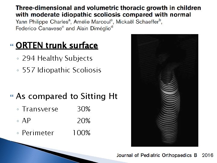  ORTEN trunk surface ◦ 294 Healthy Subjects ◦ 557 Idiopathic Scoliosis As compared