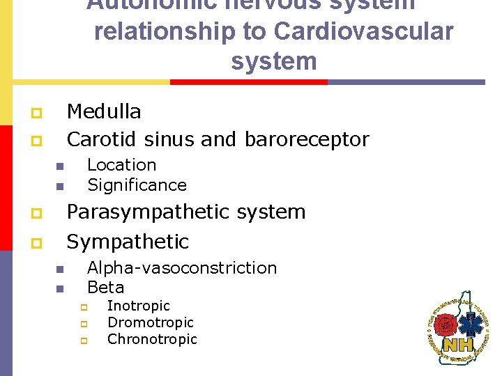 Autonomic nervous system relationship to Cardiovascular system Medulla Carotid sinus and baroreceptor p p