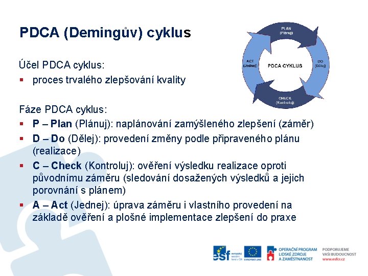 PDCA (Demingův) cyklus Účel PDCA cyklus: § proces trvalého zlepšování kvality Fáze PDCA cyklus: