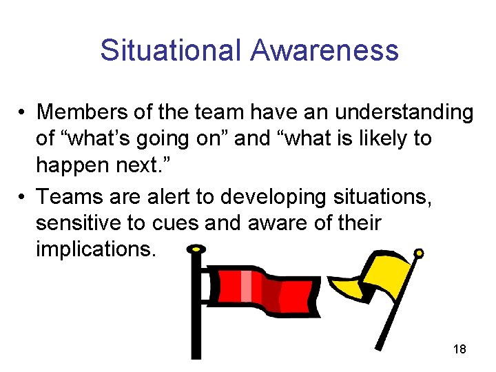 Situational Awareness • Members of the team have an understanding of “what’s going on”