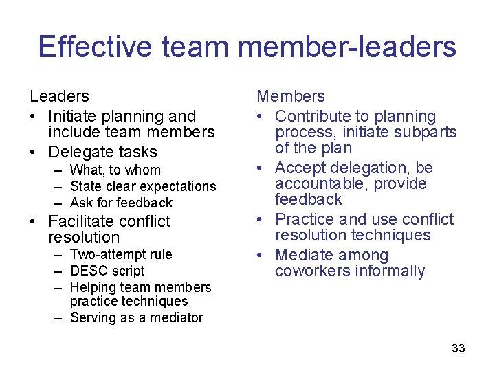 Effective team member-leaders Leaders • Initiate planning and include team members • Delegate tasks