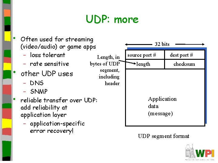 UDP: more • • • Often used for streaming (video/audio) or game apps – UDP: more • • • Often used for streaming (video/audio) or game apps –