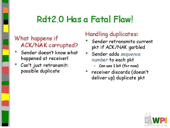 Rdt 2. 0 Has a Fatal Flaw! What happens if ACK/NAK corrupted? • • Rdt 2. 0 Has a Fatal Flaw! What happens if ACK/NAK corrupted? • •