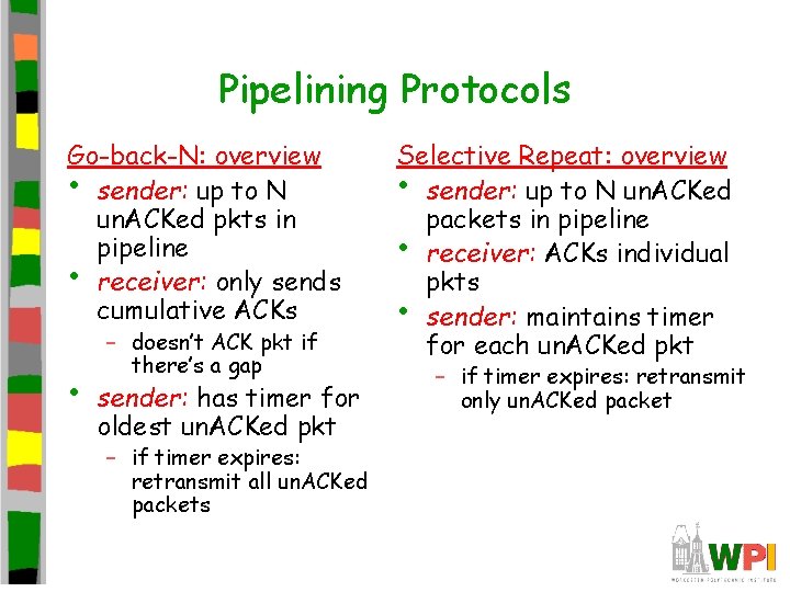 Pipelining Protocols Go-back-N: overview • sender: up to N un. ACKed pkts in pipeline Pipelining Protocols Go-back-N: overview • sender: up to N un. ACKed pkts in pipeline