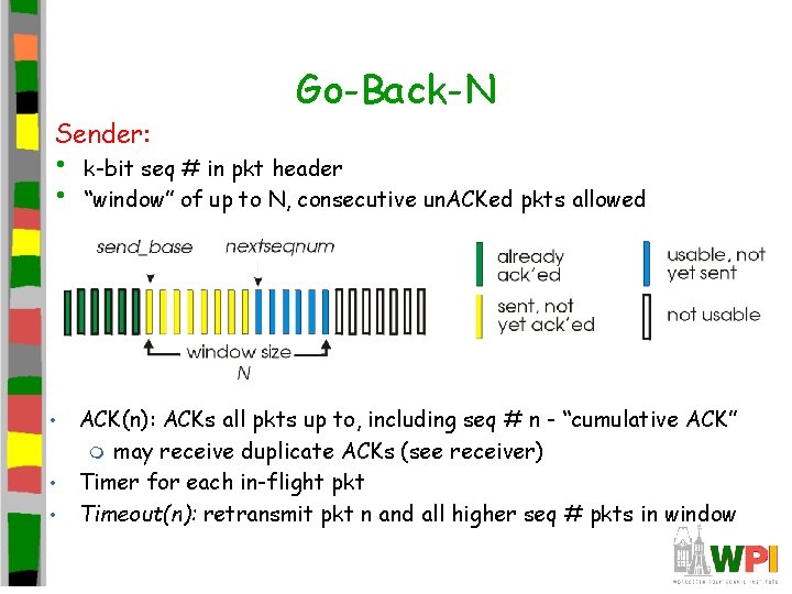 Sender: • • • Go-Back-N k-bit seq # in pkt header “window” of up Sender: • • • Go-Back-N k-bit seq # in pkt header “window” of up