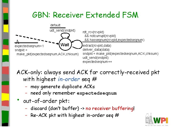 GBN: Receiver Extended FSM default udt_send(sndpkt) L Wait expectedseqnum=1 sndpkt = make_pkt(expectedseqnum, ACK, chksum) GBN: Receiver Extended FSM default udt_send(sndpkt) L Wait expectedseqnum=1 sndpkt = make_pkt(expectedseqnum, ACK, chksum)