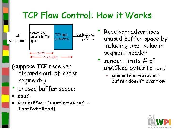 TCP Flow Control: How it Works IP datagrams (currently) unused buffer space TCP data TCP Flow Control: How it Works IP datagrams (currently) unused buffer space TCP data