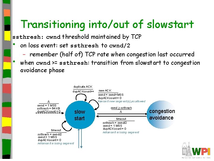 Transitioning into/out of slowstart ssthresh: cwnd threshold maintained by TCP • on loss event: Transitioning into/out of slowstart ssthresh: cwnd threshold maintained by TCP • on loss event: