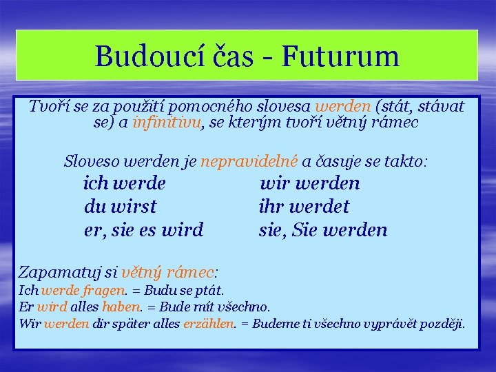 Budoucí čas - Futurum Tvoří se za použití pomocného slovesa werden (stát, stávat se)
