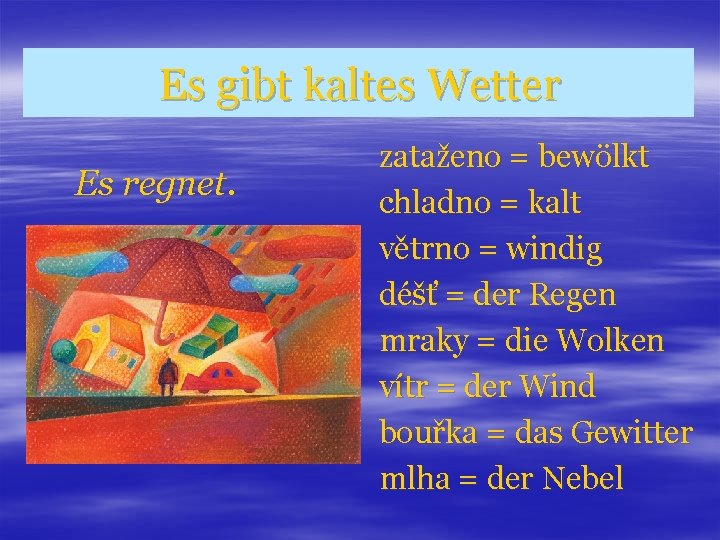 Es gibt kaltes Wetter Es regnet. zataženo = bewölkt chladno = kalt větrno =
