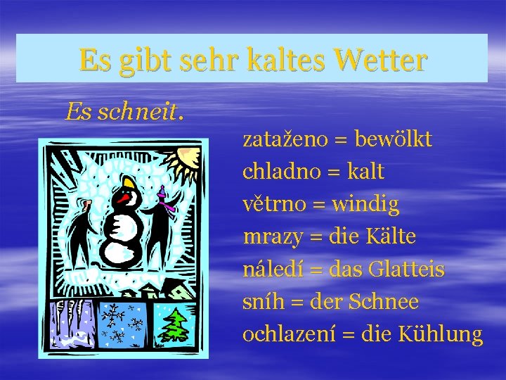 Es gibt sehr kaltes Wetter Es schneit. zataženo = bewölkt chladno = kalt větrno