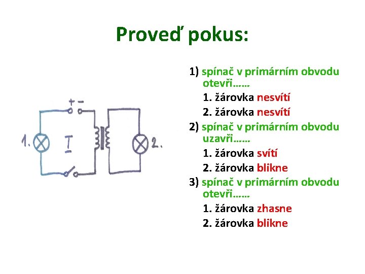 Proveď pokus: 1) spínač v primárním obvodu otevři…… 1. žárovka nesvítí 2) spínač v