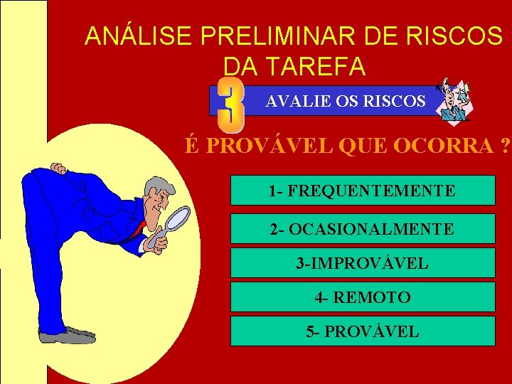 ANÁLISE PRELIMINAR DE RISCOS DA TAREFA AVALIE OS RISCOS É PROVÁVEL QUE OCORRA ? ANÁLISE PRELIMINAR DE RISCOS DA TAREFA AVALIE OS RISCOS É PROVÁVEL QUE OCORRA ?