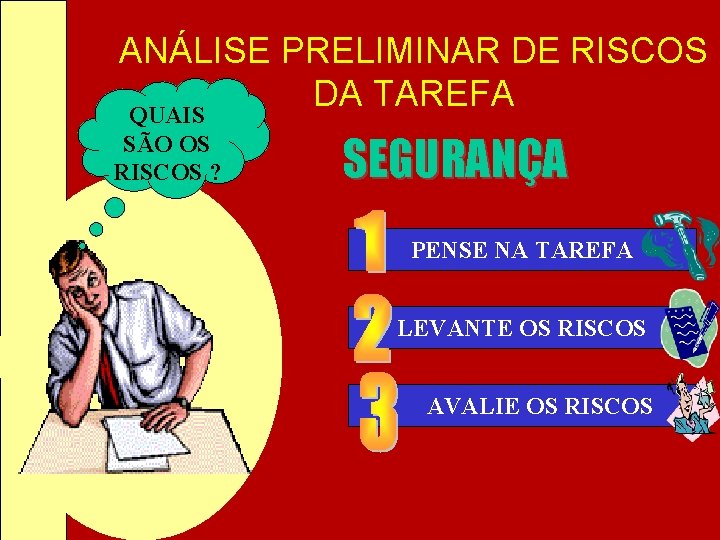 ANÁLISE PRELIMINAR DE RISCOS DA TAREFA QUAIS SÃO OS RISCOS ? SEGURANÇA PENSE NA ANÁLISE PRELIMINAR DE RISCOS DA TAREFA QUAIS SÃO OS RISCOS ? SEGURANÇA PENSE NA