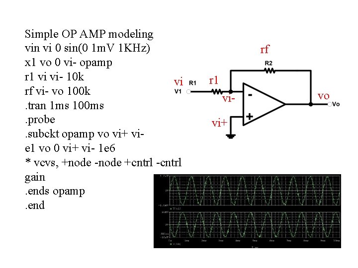 Simple OP AMP modeling vin vi 0 sin(0 1 m. V 1 KHz) x