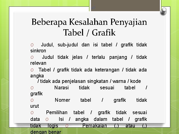 47 Beberapa Kesalahan Penyajian Tabel / Grafik Judul, sub-judul dan isi tabel / grafik