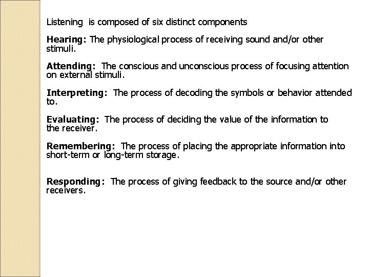 Listening is composed of six distinct components Hearing: The physiological process of receiving sound