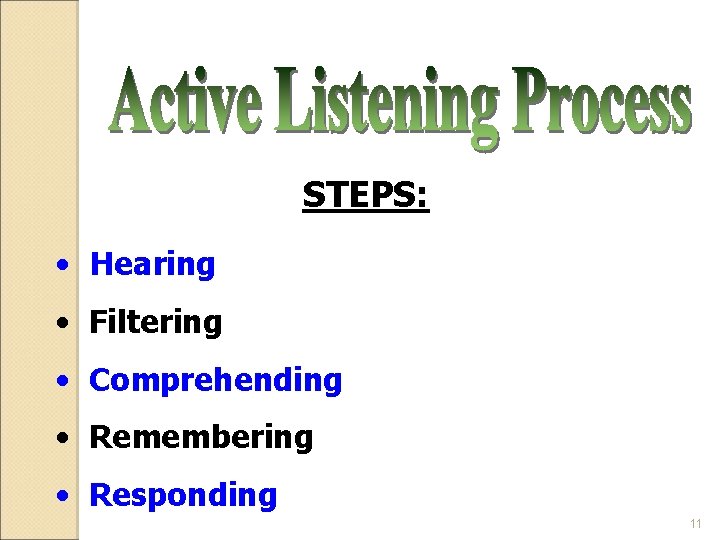 STEPS: • Hearing • Filtering • Comprehending • Remembering • Responding 11 