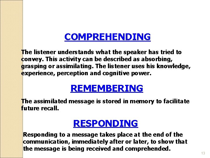  COMPREHENDING The listener understands what the speaker has tried to convey. This activity