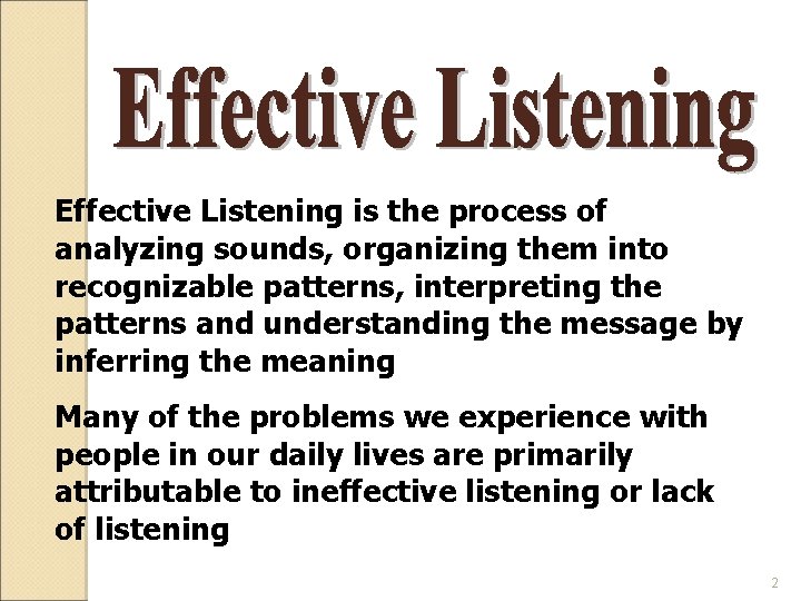 Effective Listening is the process of analyzing sounds, organizing them into recognizable patterns, interpreting