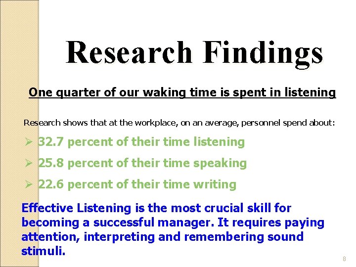 Research Findings One quarter of our waking time is spent in listening Research shows