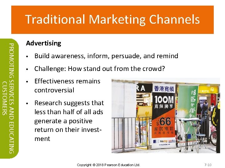 Traditional Marketing Channels PROMOTING SERVICES AND EDUCATING CUSTOMERS Advertising • Build awareness, inform, persuade,