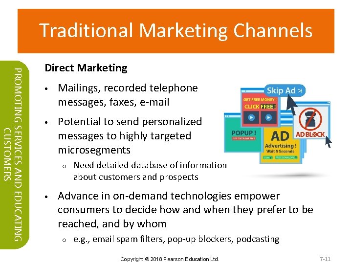 Traditional Marketing Channels PROMOTING SERVICES AND EDUCATING CUSTOMERS Direct Marketing • • Mailings, recorded