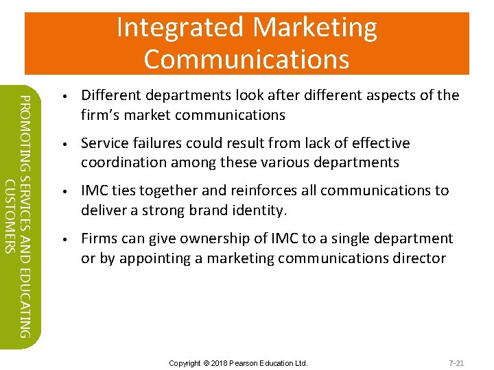 Integrated Marketing Communications PROMOTING SERVICES AND EDUCATING CUSTOMERS • • Different departments look after