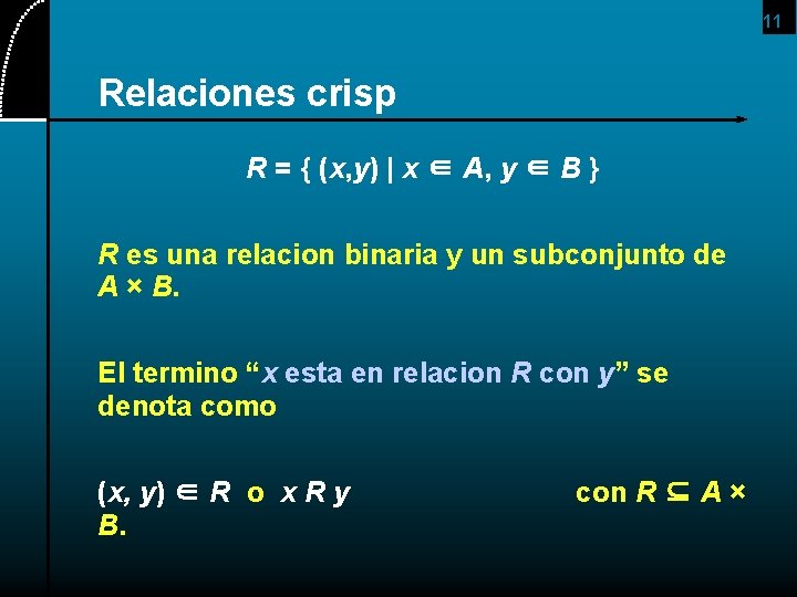 11 Relaciones crisp R = { (x, y) | x ∈ A, y ∈