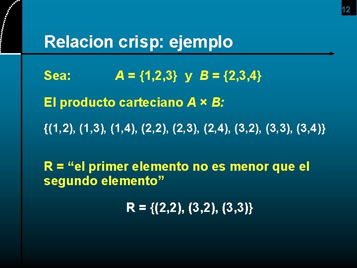 12 Relacion crisp: ejemplo Sea: A = {1, 2, 3} y B = {2,