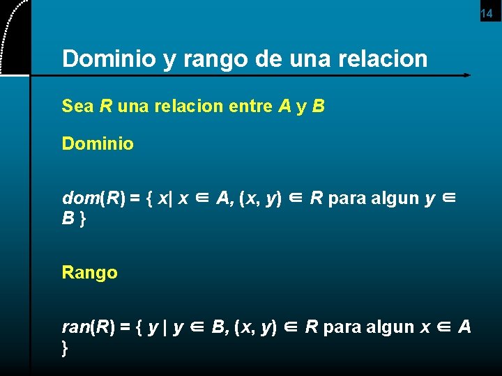 14 Dominio y rango de una relacion Sea R una relacion entre A y