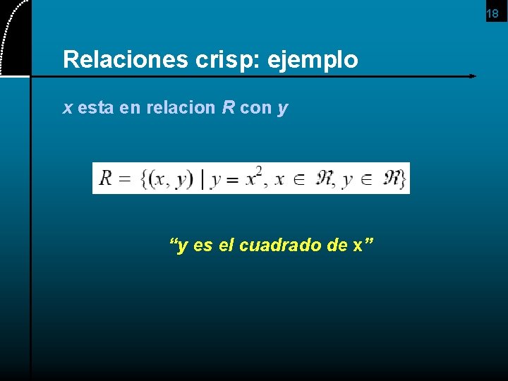 18 Relaciones crisp: ejemplo x esta en relacion R con y “y es el