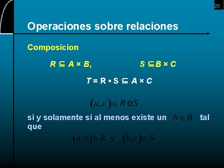 20 Operaciones sobre relaciones Composicion R ⊆ A × B, S ⊆B × C