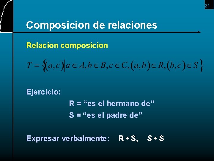 21 Composicion de relaciones Relacion composicion Ejercicio: R = “es el hermano de” S