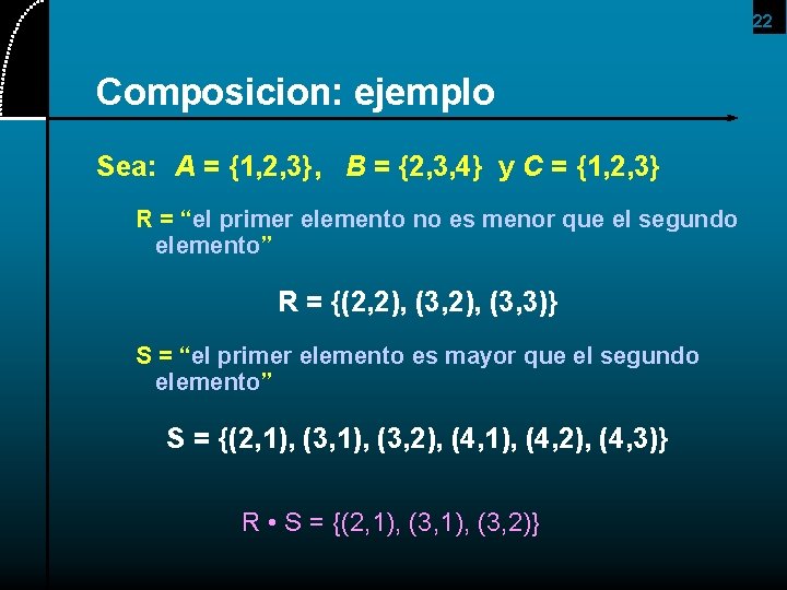 22 Composicion: ejemplo Sea: A = {1, 2, 3}, B = {2, 3, 4}