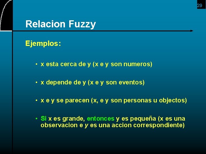 29 Relacion Fuzzy Ejemplos: • x esta cerca de y (x e y son