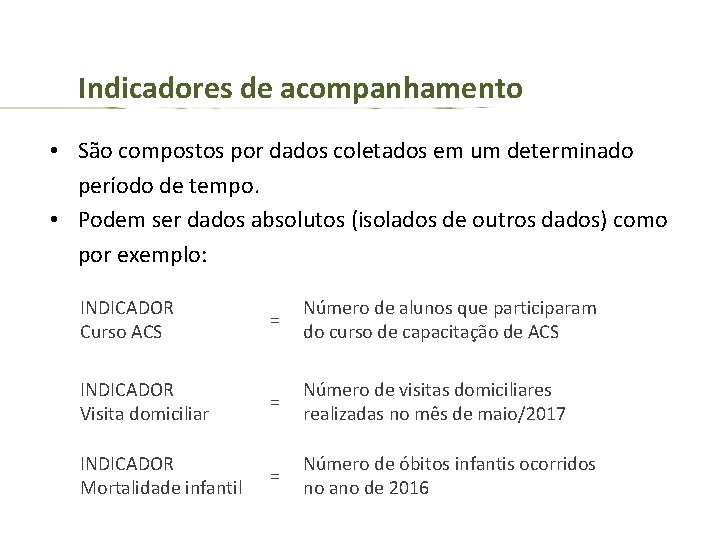 Indicadores de acompanhamento • São compostos por dados coletados em um determinado período de