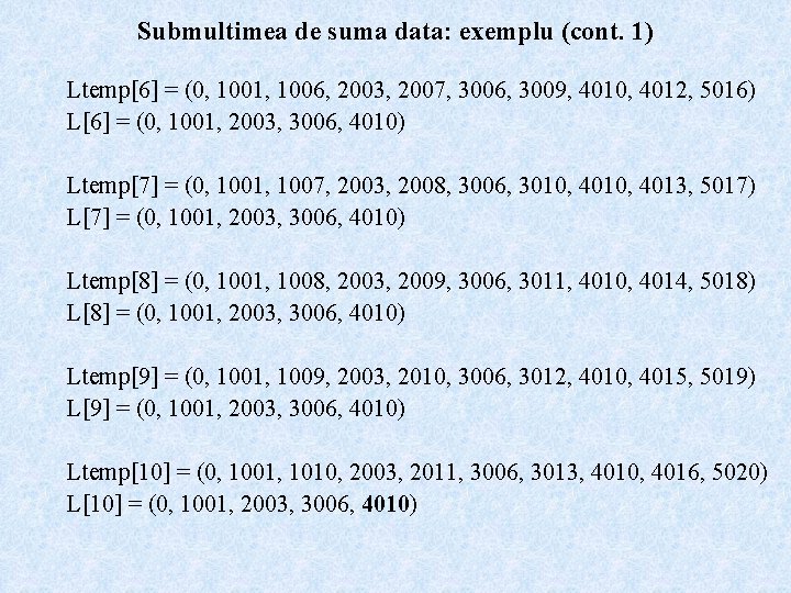 Submultimea de suma data: exemplu (cont. 1) Ltemp[6] = (0, 1001, 1006, 2003, 2007,