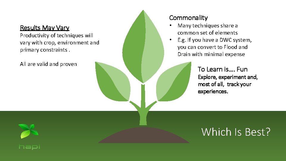 Commonality Results May Vary Productivity of techniques will vary with crop, environment and primary