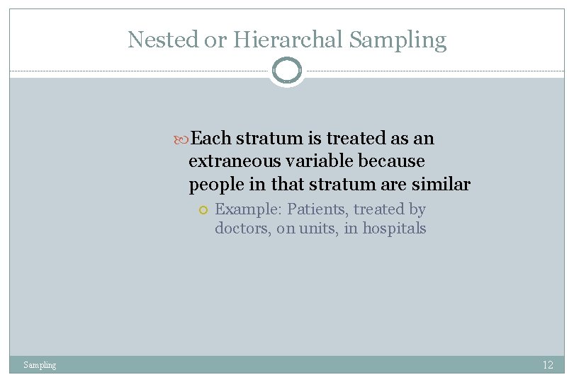 Nested or Hierarchal Sampling Each stratum is treated as an extraneous variable because people