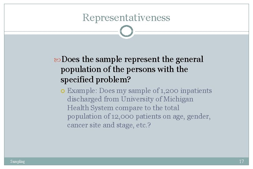 Representativeness Does the sample represent the general population of the persons with the specified