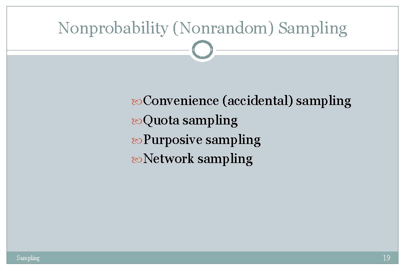 Nonprobability (Nonrandom) Sampling Convenience (accidental) sampling Quota sampling Purposive sampling Network sampling Sampling 19