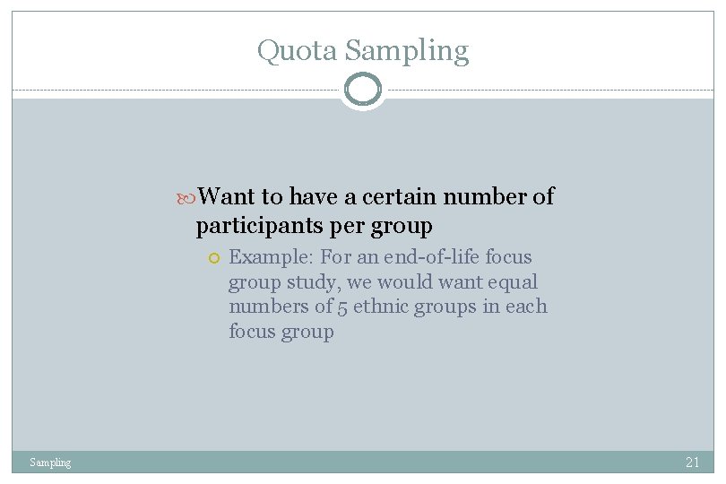 Quota Sampling Want to have a certain number of participants per group Sampling Example: