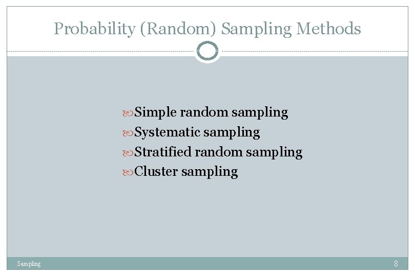 Probability (Random) Sampling Methods Simple random sampling Systematic sampling Stratified random sampling Cluster sampling