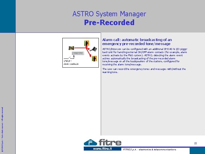 ASTRO System Manager Pre-Recorded Alarm call: automatic broadcasting of an emergency pre-recorded tone/message ASTRO/Intercom