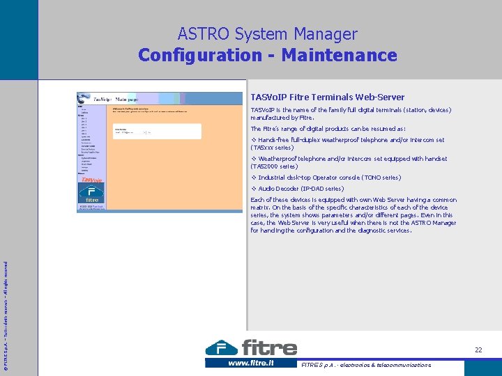 ASTRO System Manager Configuration - Maintenance TASVo. IP Fitre Terminals Web-Server TASVo. IP is