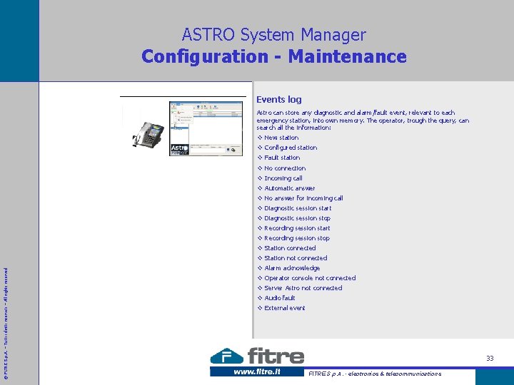 ASTRO System Manager Configuration - Maintenance Events log © FITRE S. p. A. –